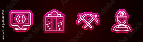 Set line Gem stone, Mine entrance, Pickaxe and Miner helmet. Glowing neon icon. Vector