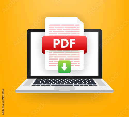 Download PDF button. Downloading document concept. File with PDF label and down arrow sign. Vector illustration.