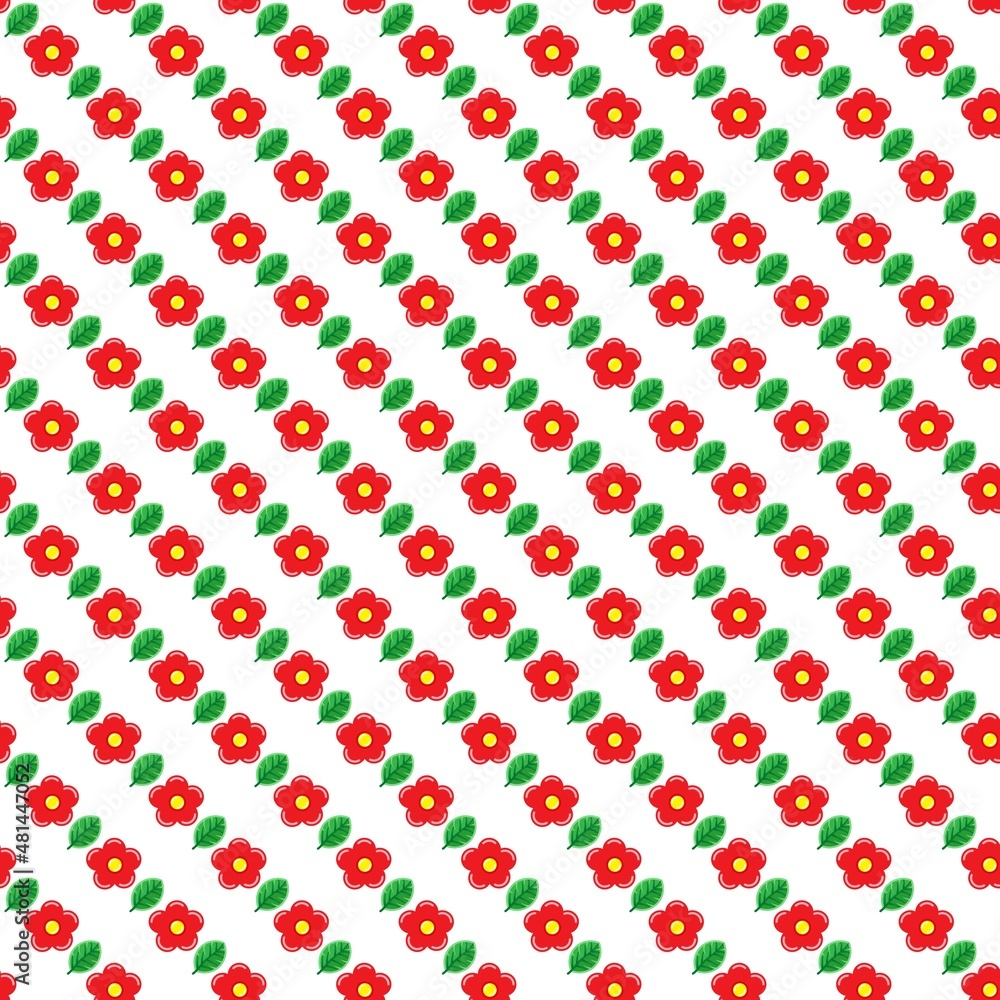 Red flower and green leaves, seamless pattern on the white background. Vector illustration. Wrapping paper. Red flower and green leaves, seamless pattern on the white background. Vector illustration. Wrapping paper.
