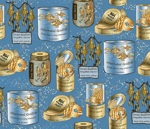  Vector EPS10 seamless pattern Special Promo for Canned Goldfish. Wish fulfillment options. Also for spot illustrations. Metal shiny tins, canned fish products, a touch of humor and life philosophy