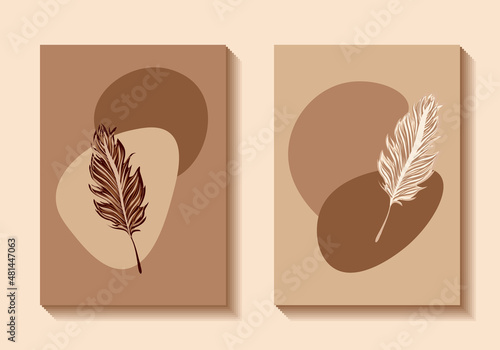 Posters set with feathers on beige and brown background. Minimalist vector illustration in flat style.
