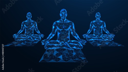 Joint yoga class. Three people meditate in the lotus position. Polygonal design of lines and dots. Blue background.