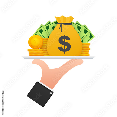 Hand with money bag bill and coin finance icons. Business financial investment. Vector background.