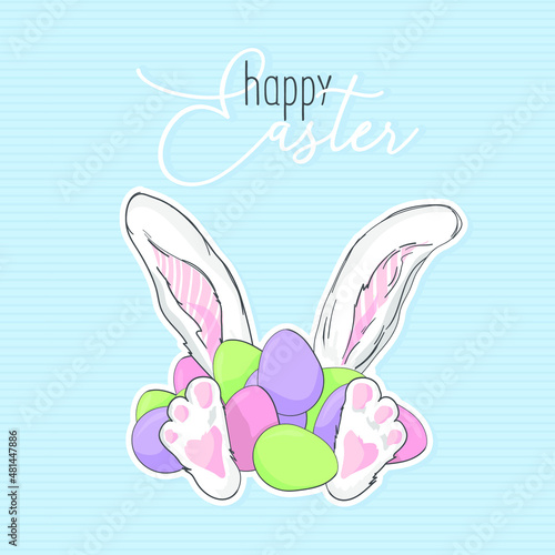 Hand drawn cute rabbit ears and pow for easter with eggs. Vector illustration. Funny Easter bunny's ears and eggs on blue background.