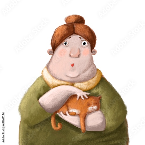 woman with cat funny portrait, comic illustration, caricature clipart with cartoon character
