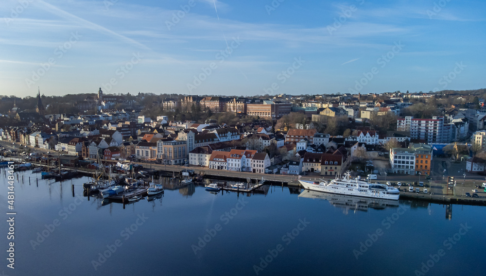 Wide view on the harbour of Flensburg from above with skyline in background