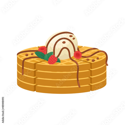 Vector illustration of a stack of Belgian waffles with a ball of ice cream, raspberries and chocolate sauce.