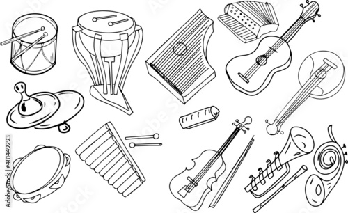 Musical instruments color vector illustration hand drawn music holiday orchestra folk instruments guitar violin. Set of individual elements on a white background. Music festival concert 