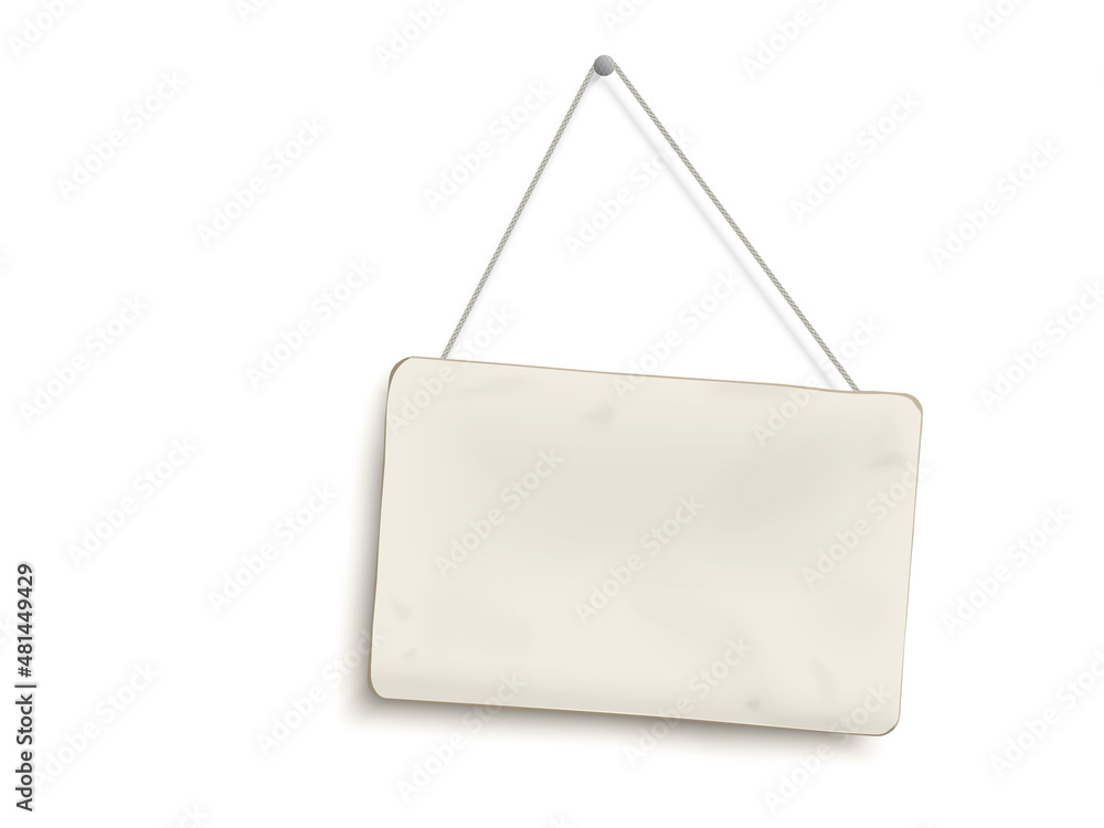 Old dirty rectangular piece of cardboard hanging on rope isolated on white background. Old dirty rectangular piece of cardboard hanging on rope isolated on white background.