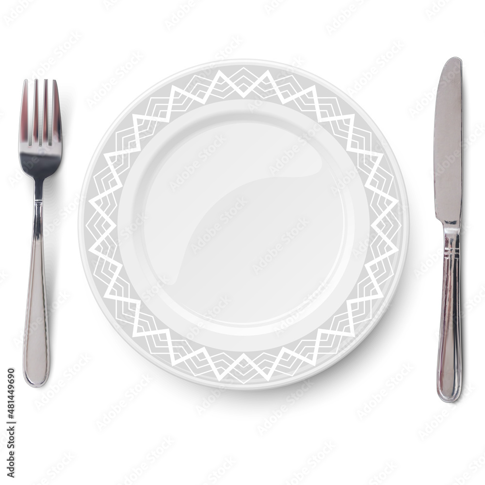 Empty gray plate with white geometric line pattern and knife and fork isolated on white background. View from above. Empty gray plate with white geometric line pattern and knife and fork isolated on white background. View from above.
