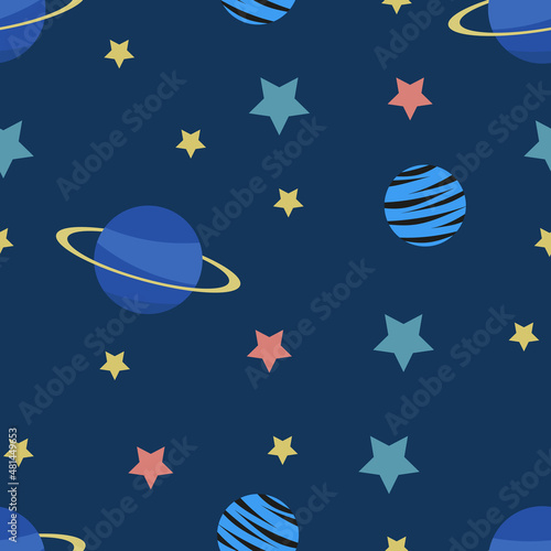seamless pattern with drawings of stars and planets in space on a dark blue background. cute childish abstract background of galaxy, universe, space. for textile, fabric, wallpaper