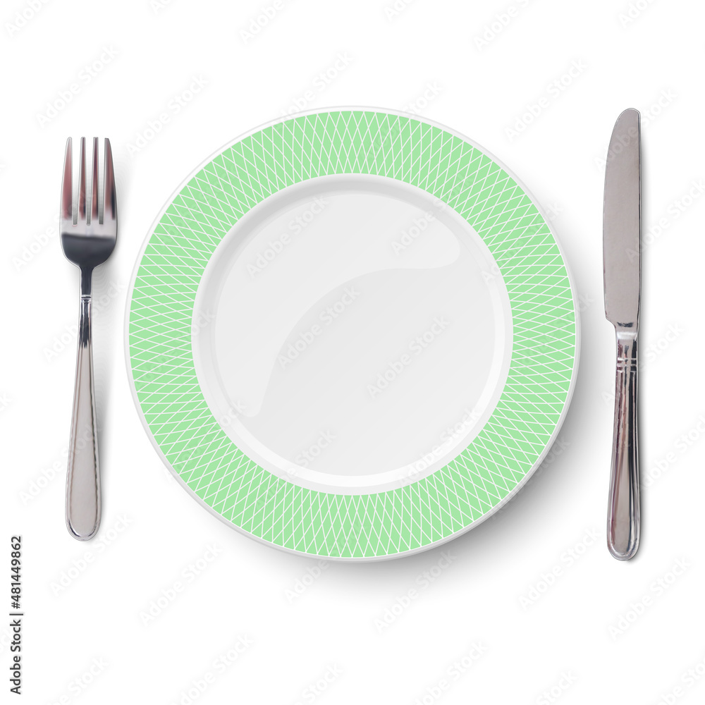 Empty green plate with geometric white pattern and knife and fork isolated on white background. View from above. Empty green plate with geometric white pattern and knife and fork isolated on white background. View from above.