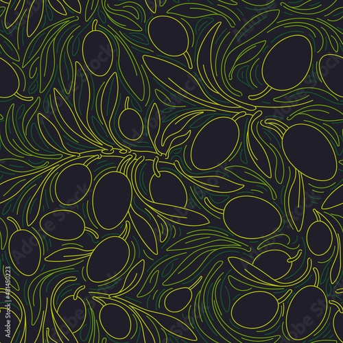 Black olive print Single line neon abstract branch