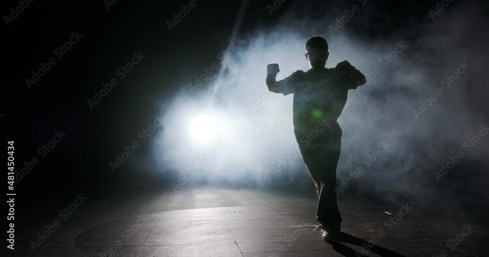 Teenage female dancer performing hip hop dance in slow motion with strobe light and smoke background Teenage female dancer performing hip hop dance in slow motion with strobe light and smoke background