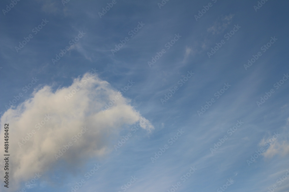 Ein Wolkenspiel über landwirtschaftlich genutzten Flächen. Weiße Wolken ziehen über den blauen Himmel. Waldbäume am Rand des Feldes. Landwirtschaftliche Flächen unter Getreide. Das grüne Gras.