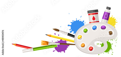 Background with painter tools and materials. Art supplies for creativity.