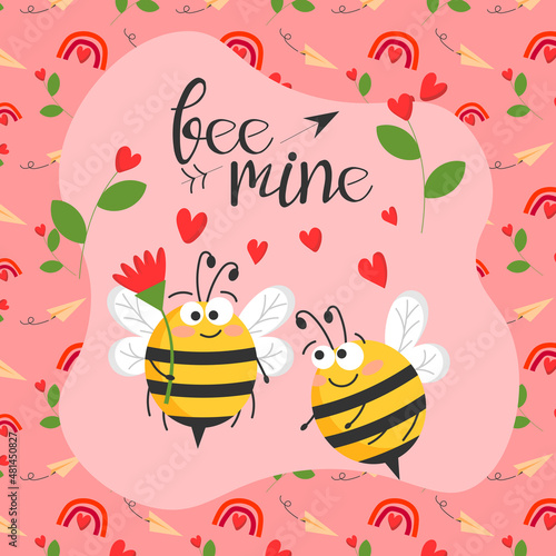 Romantic inscription. Bees with flowers. Romantic pattern. Love calligraphy for February 14, Valentine's Day. Greeting card with a greeting phrase. Colored flat vector illustration
