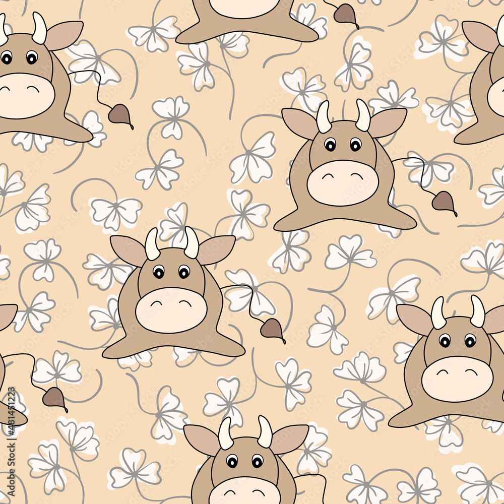 Obraz premium Vector flat animals colorful illustration for kids. Seamless pattern with cute bull and flowers on beige background. Cartoon adorable character. Design for poster, fabric, textile. Cute cow.