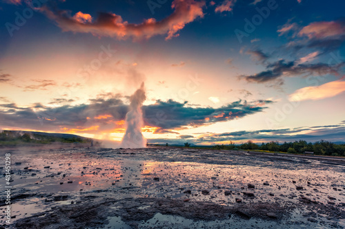 Extraordinary summer view of erupting of Great Geysir, located in Haukadalur valley on the slopes of Laugarfjall hill. Fantastic morning scene of Southwestern Iceland, Europe.