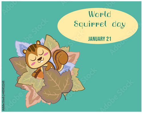 Happy squirrel day on January 21 with a cute squirrel sleeping in the leaves and with a green background and text