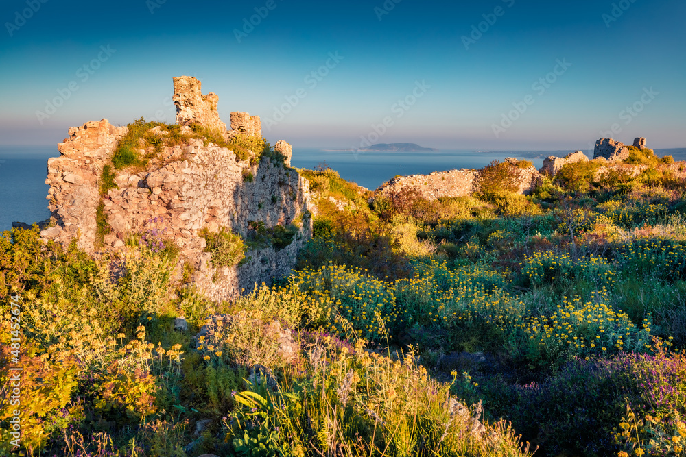 Amazing spring view of ruines of Navarino Castle. Attractive morning seascape of Ionian Sea, Pylos town location, Peloponnese, Greece, Europe. Traveling concept background..