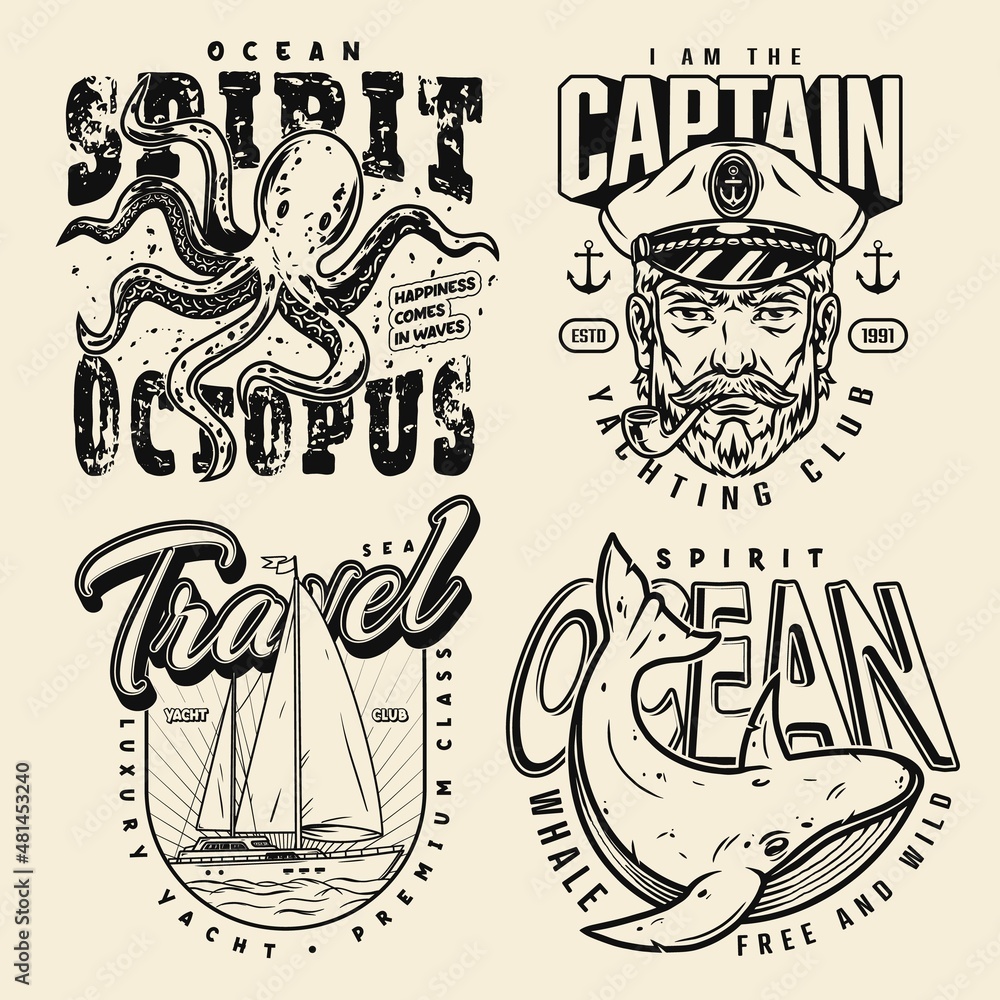 Vintage nautical monochrome labels with whale and octopus, ship  and sailor head with smoking pipe isolated vector