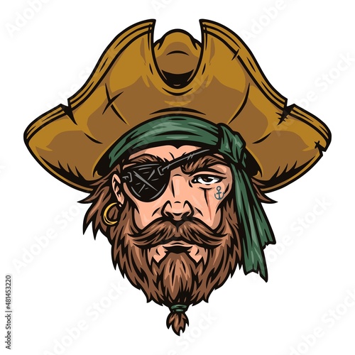Vintage pirate face, wearing hat and eye patch vector
