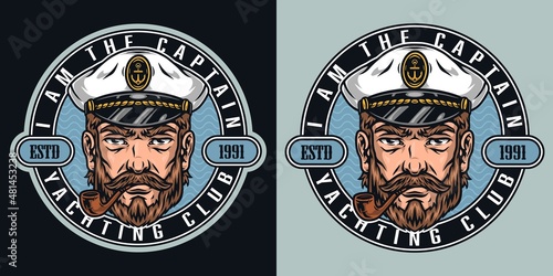 Bearded sailor smoking pipe, marine emblem in sea captain hat isolated colorful vintage vector