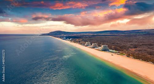 Breathtaking spring view from flying drone of Albena Beach. Fantastic seascape of Black sea, Bulgaria, Europe. Vacation concept background. photo