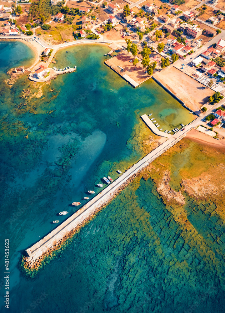 Astonishing summer view of Kardamyli port. Aerial morning seascape of Ionian sea. Incredible outdoor scene of Peloponnese peninsula, Greece. Traveling concept background.