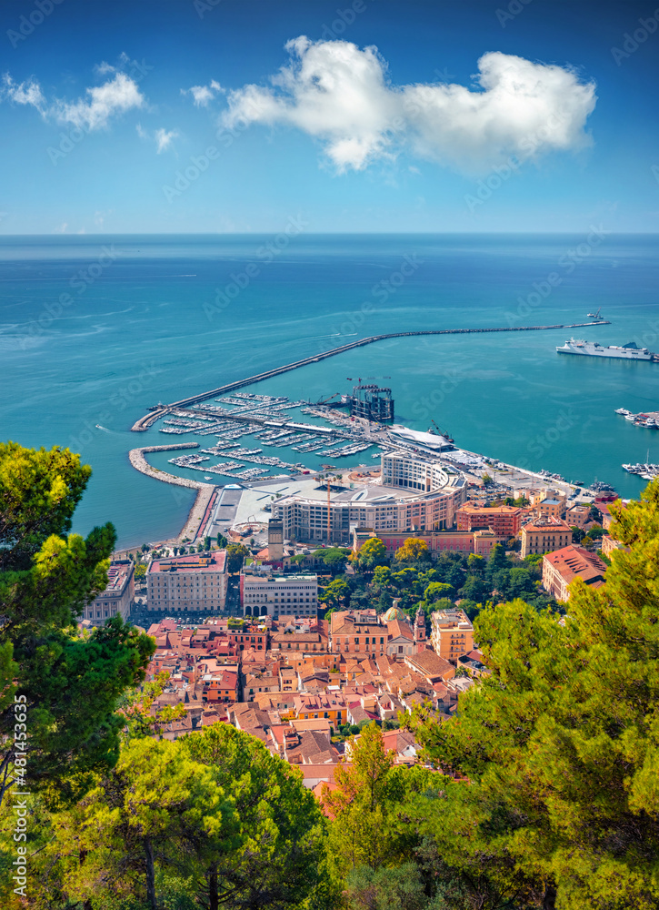 Aerial summer cityscape of Salerno town. Green outdoor scene of Italy, Europe. Splendid Mediterranean seascape. Traveling concept background.