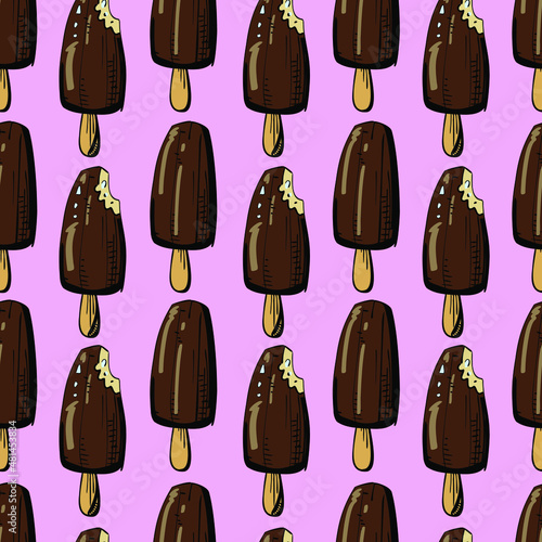 endless continuous pattern with chocolate popsicle in quick sketch style on pink background.For needlework,packaging,wallpaper,textile.