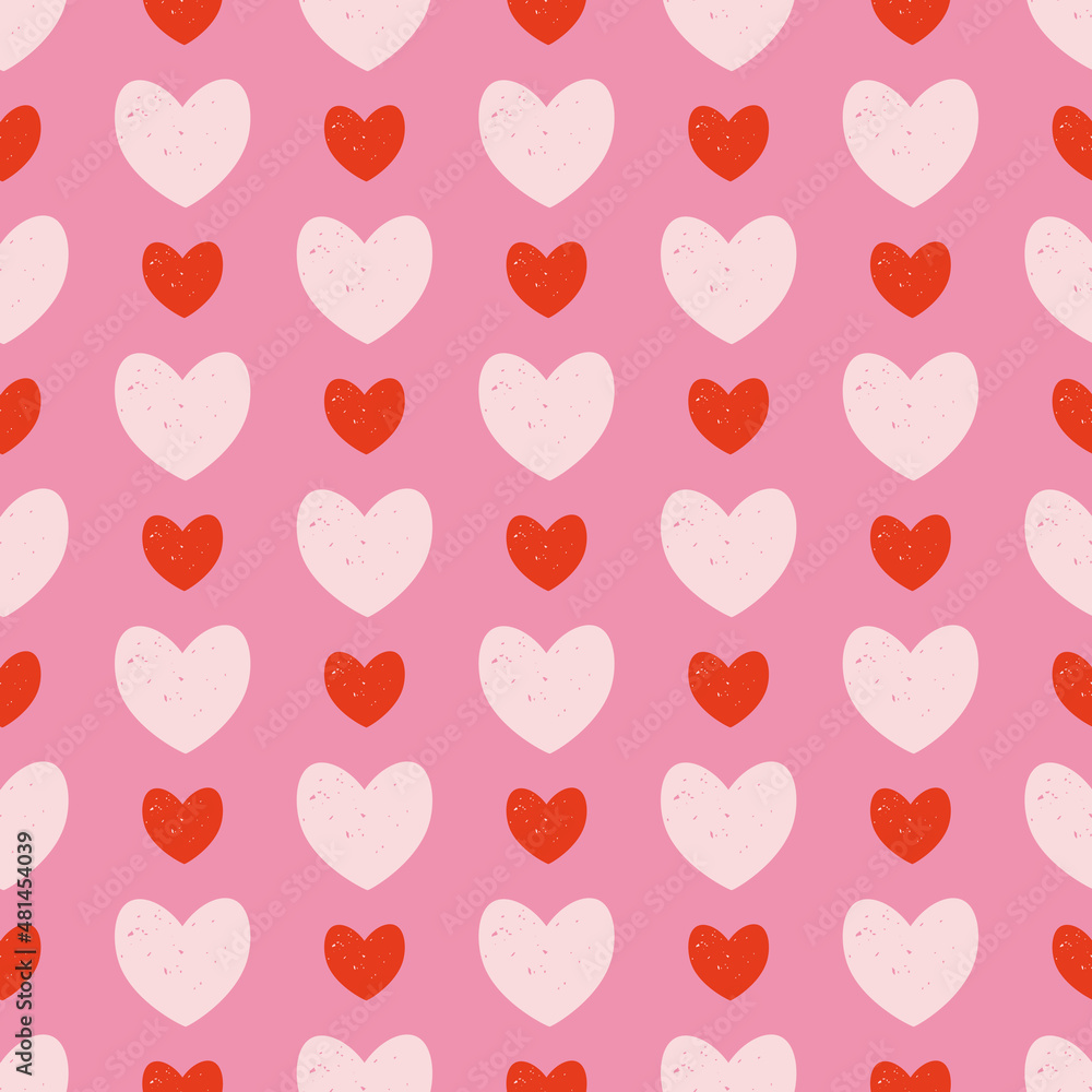 Happy Valentines day seamless pattern with hearts  on pink background for fabric, textile, wrapping paper. Hand drawn vector illustration. Love concept. Romantic repeating texture design