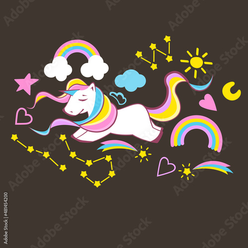 Unicorns collection. Illustration of cute cartoon multi colored Unicorn with rainbow mane. Vector format