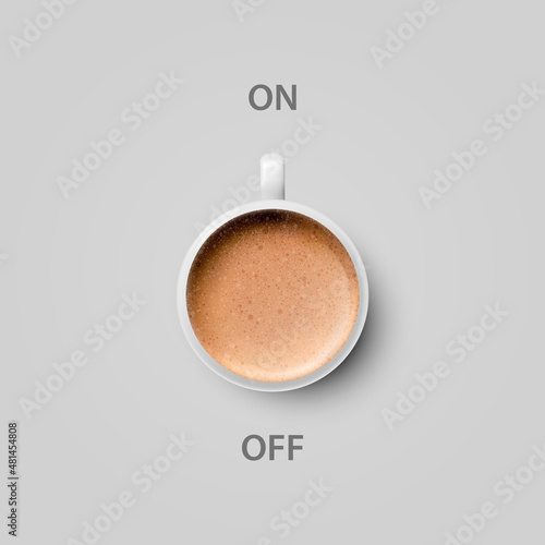 Vector 3d Realistic Off, On Switch with Coffee in White Ceramic, Porcelain Coffee Mug on Whitek. Latte, Capuccino. Coffee Cup Icon. Concept Creative Banner with Coffee Cup. Design Template. Top View