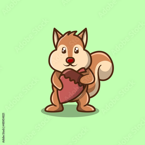 Cute squirrel holding nut acrorn isolated cartoon illustration