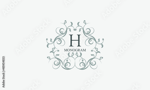Exquisite floral logo with elegant letter H. Business sign, identity monogram for restaurant, boutique, hotel, heraldic, jewelry
