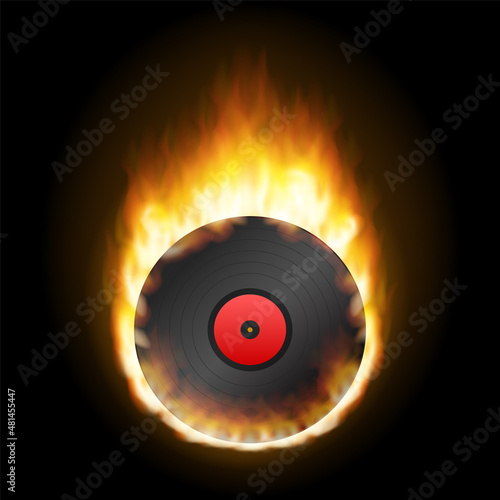 Realistic Vinyl Record with fire. Disco party. Retro design. Vector illustration.