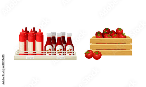 Ketchup manufacturing industry set. Crate of ripe tomatoes and bottles of ketchup vector illustration