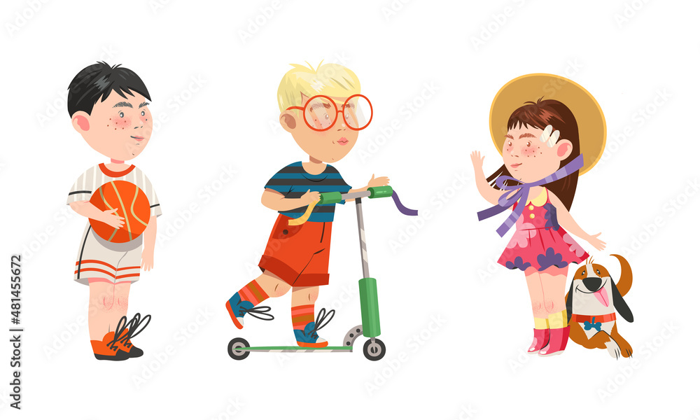 Naklejka premium Set of kids hobbies. Children playing with ball, riding kick scooter and walking with dog cartoon vector illustration