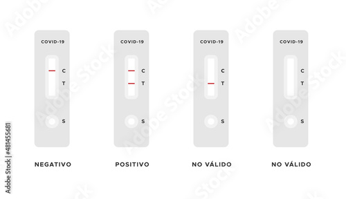 Rapid antigen detection test results. Negative, positive, invalid. Spanish. Covid 19. Vector illustration, flat design