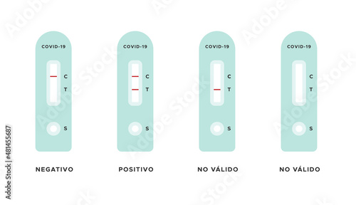Rapid antigen detection test results. Negative, positive, invalid. Spanish. Covid 19. Vector illustration, flat design