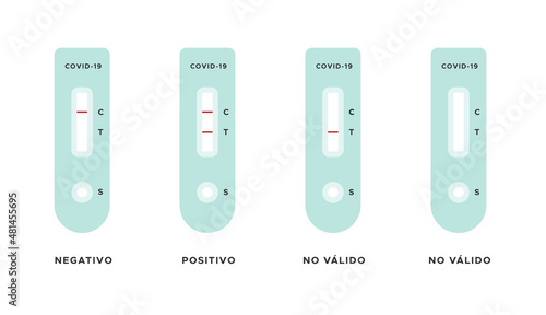Rapid antigen detection test results. Negative, positive, invalid. Spanish. Covid 19. Vector illustration, flat design