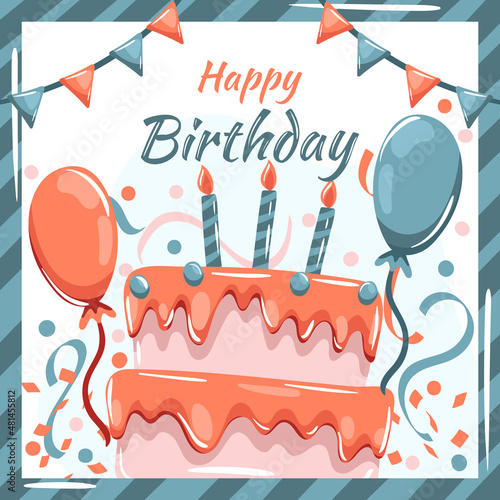 happy birthday greeting card with cake, balloons and confetti