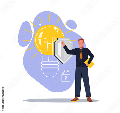 Intellectual property concept. Young man stands next to light bulb and large shield. Patented product, copyright, trademark and prohibition of copying. Cartoon modern flat vector illustration