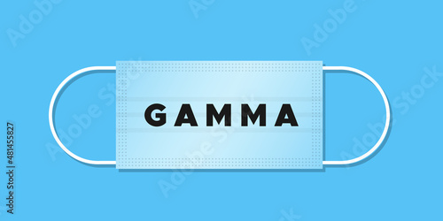 Variant Gamma. Covid 19. Medical mask with text on blue background. Vector illustration, flat design