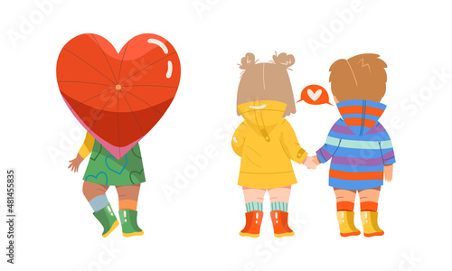 Adorable kids in love set. Children holding big red heart and holding hands cartoon vector illustration