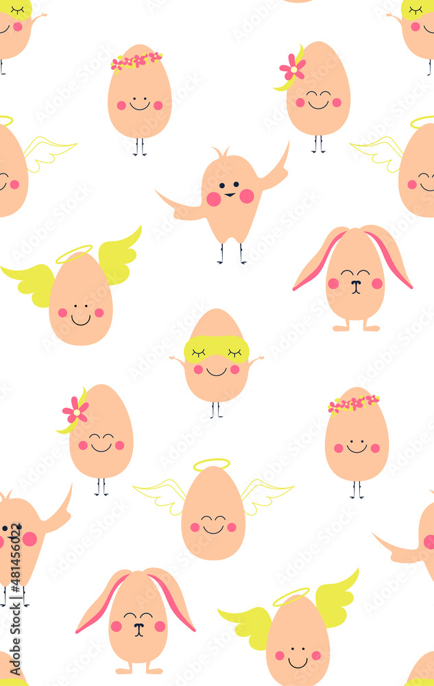 Happy Easter eggs characters seamless pattern. Easter eggs with smile or emoji. Pastel colors. Cute easter eggs with cute faces. Happy Easter card illustration vector Happy Easter eggs characters seamless pattern. Easter eggs with smile or emoji. Pastel colors. Cute easter eggs with cute faces. Happy Easter card illustration vector
