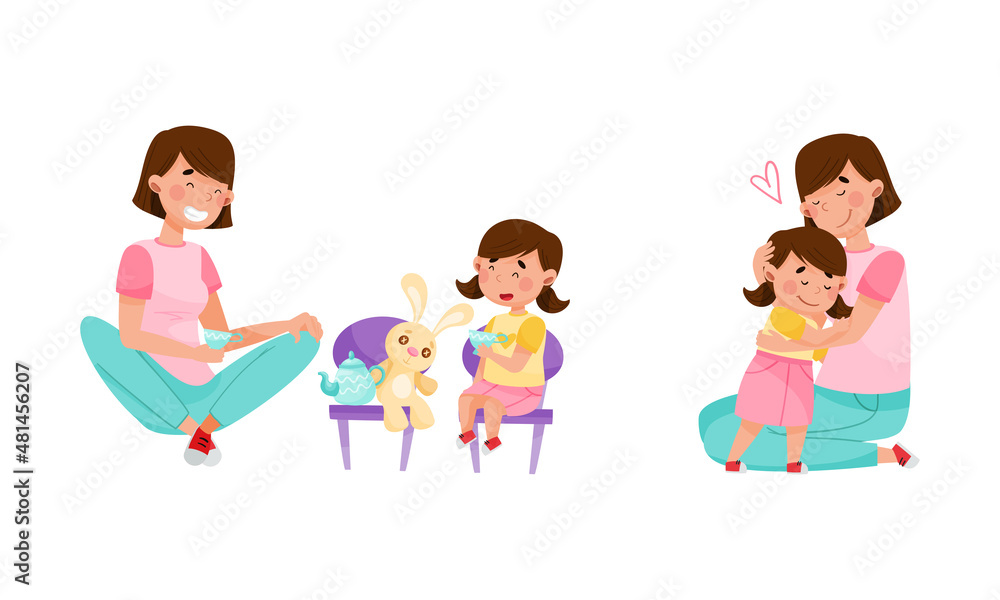 Mom and daughter spending time together set. They are playing and hugging cartoon vector illustration Mom and daughter spending time together set. They are playing and hugging cartoon vector illustration