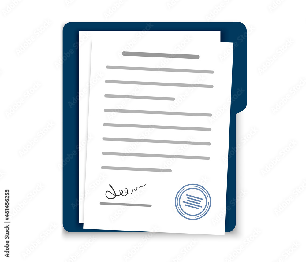 Contract.Document with approval stamp.Folder with document.Vector contract or document icon.Paper sheet sign.Signature. Contract.Document with approval stamp.Folder with document.Vector contract or document icon.Paper sheet sign.Signature.